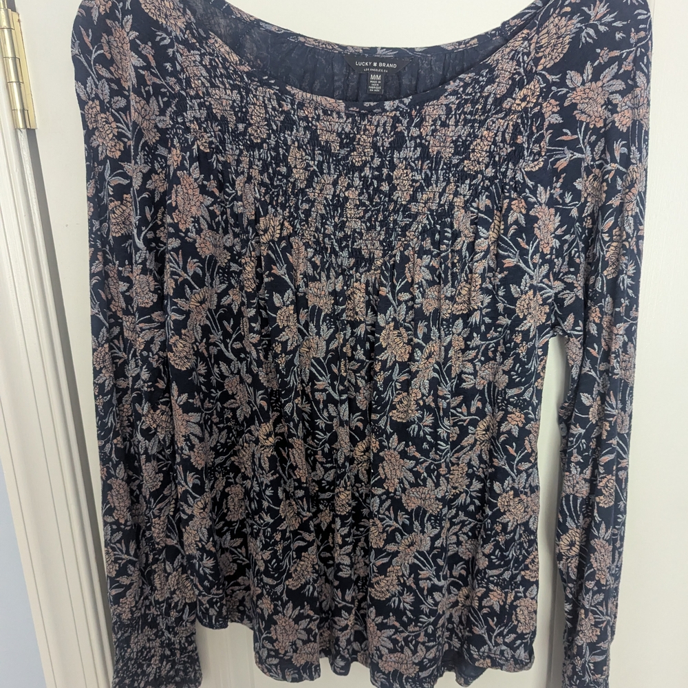 Lucky Brand Navy and Beige Floral Blouse